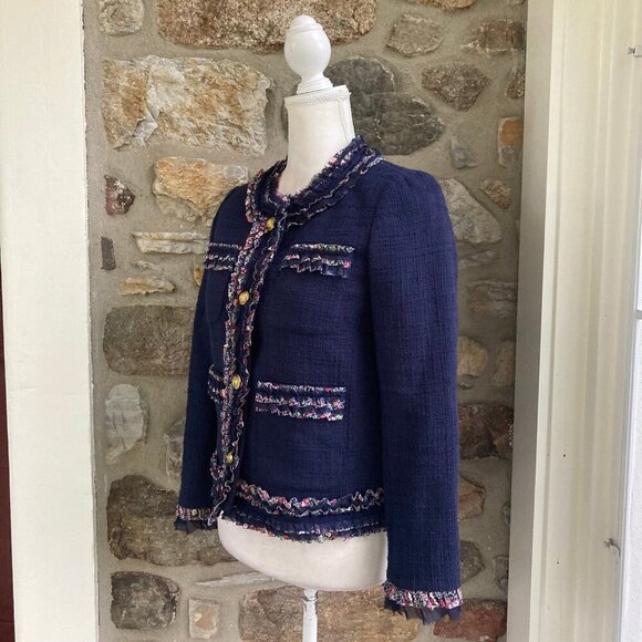 J Crew Lady Jacket Blazer Liberty London Floral Trim Tweed Navy Womens 0 - Picture 7 of 11